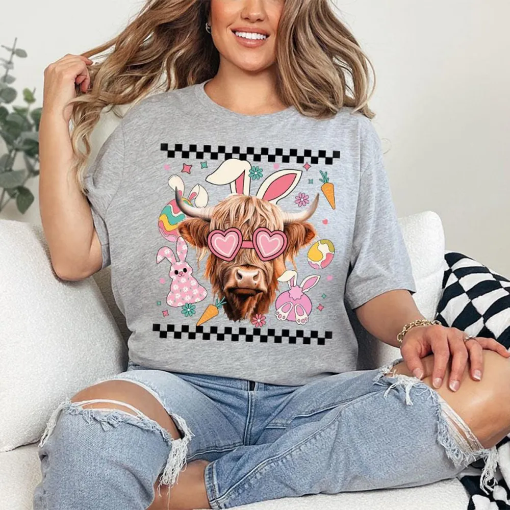 Easter Bunny Highland Cow Eggs Printed Round Neck Short Sleeve T-Shirt