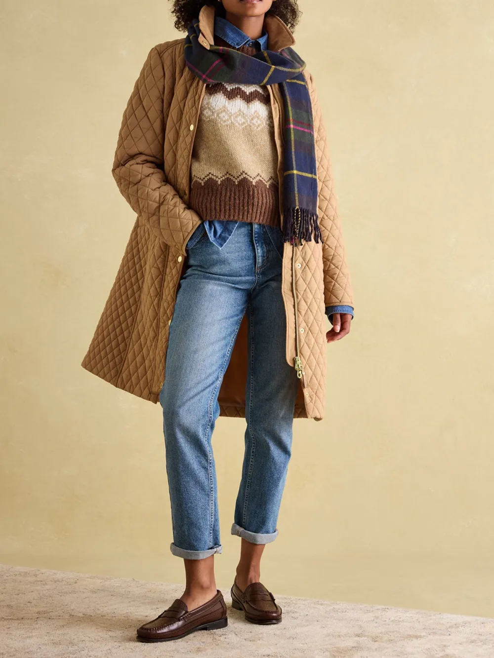 Tan Brown Showerproof Longline Diamond Quilted Coat