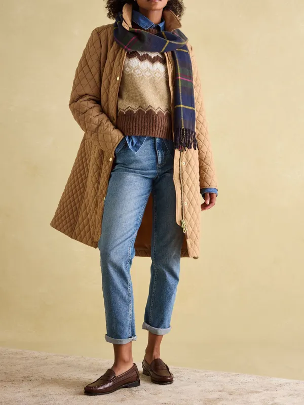 Tan Brown Showerproof Longline Diamond Quilted Coat