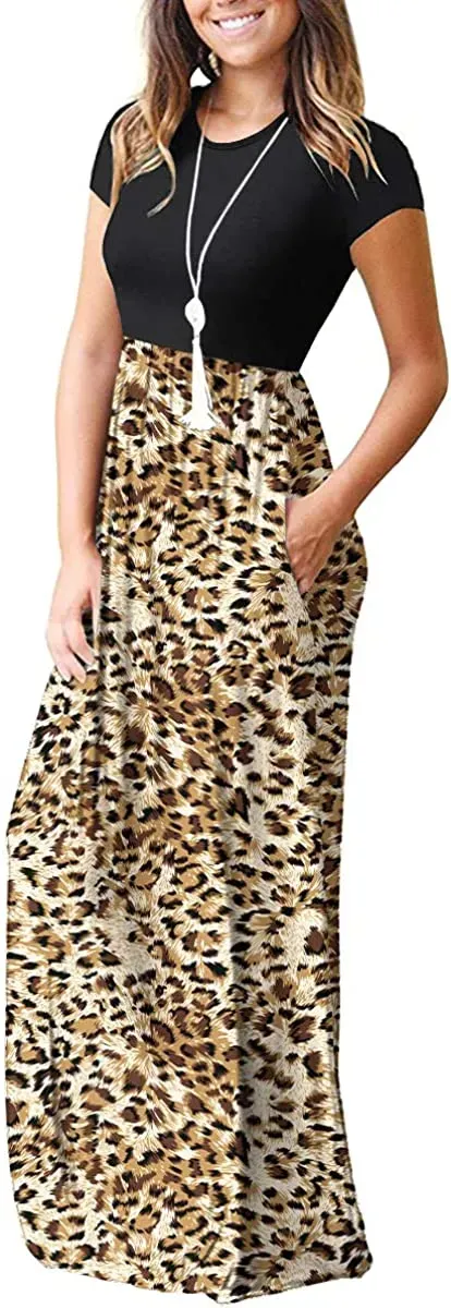 Women's Short Sleeve Loose Plain Maxi Dresses Casual Long Dresses with Pockets