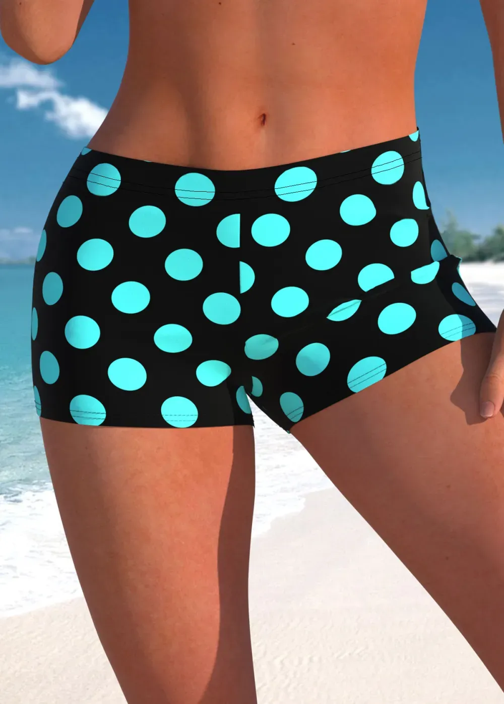 Fake 2in1 Polka Dot Cyan Tankini Top
