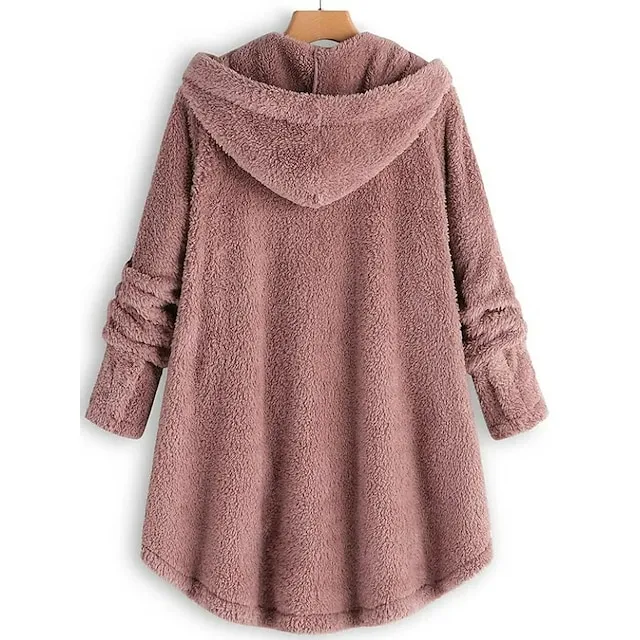 Women's Fleece Jacket Fleece Sports Pullover Sherpa Fleece Button Front Pocket claret turmeric Black Solid Color Street Casual Hoodie Plus Size Long Sleeve Top Fleece lined Micro-elastic Fall & Winter