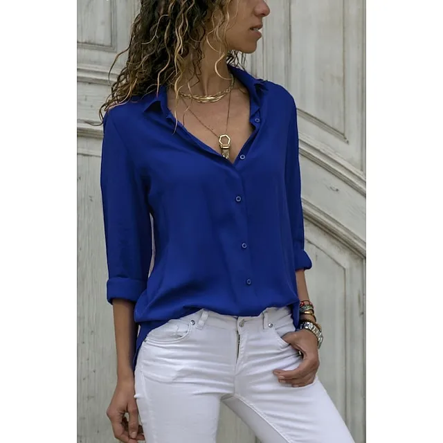 Women's Blouse Shirt Plain Shirt Collar Business Basic Elegant Tops Blue Yellow Gray