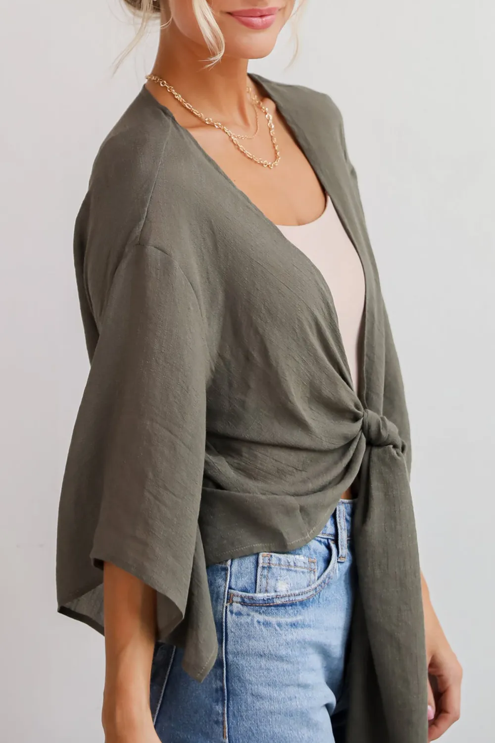 Enchanting Presence Olive Tie-Front Blouse