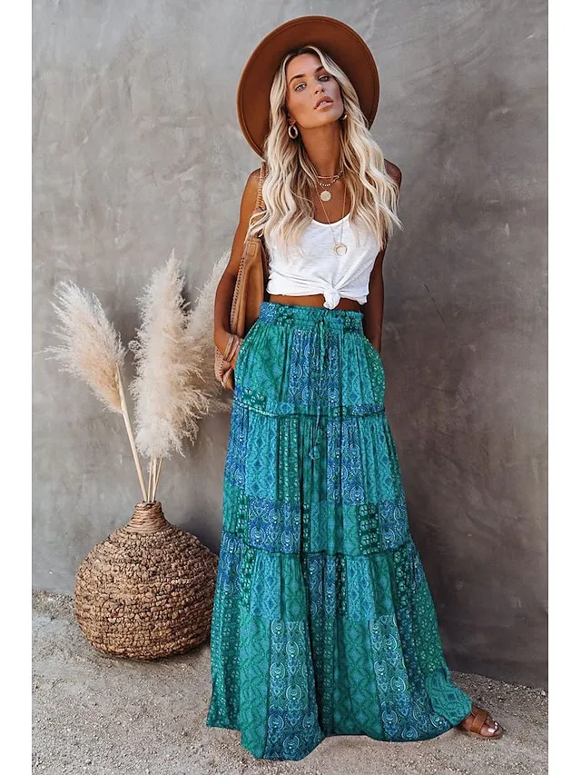 Women's Skirt Swing Long Skirt Maxi Red Blue Purple Orange Skirts Spring & Fall Ruffle Print Fashion coastal grandma style Boho Holiday Casual Daily S M L