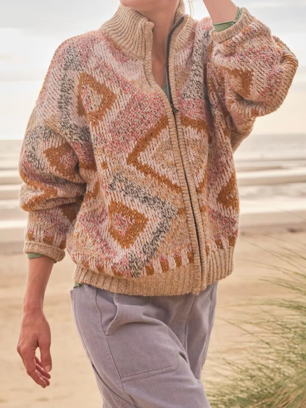 Natural Erin Knitted Zip Through Cardigan