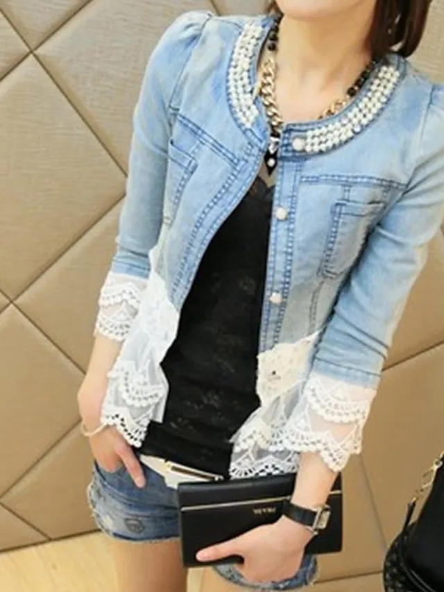 Women's Denim Jacket Spring Coat Lace Regular Fit Elegant Jacket Long Sleeve Solid Color Breathable Streetwear Pocket Blue Beaded Outdoor Street Daily