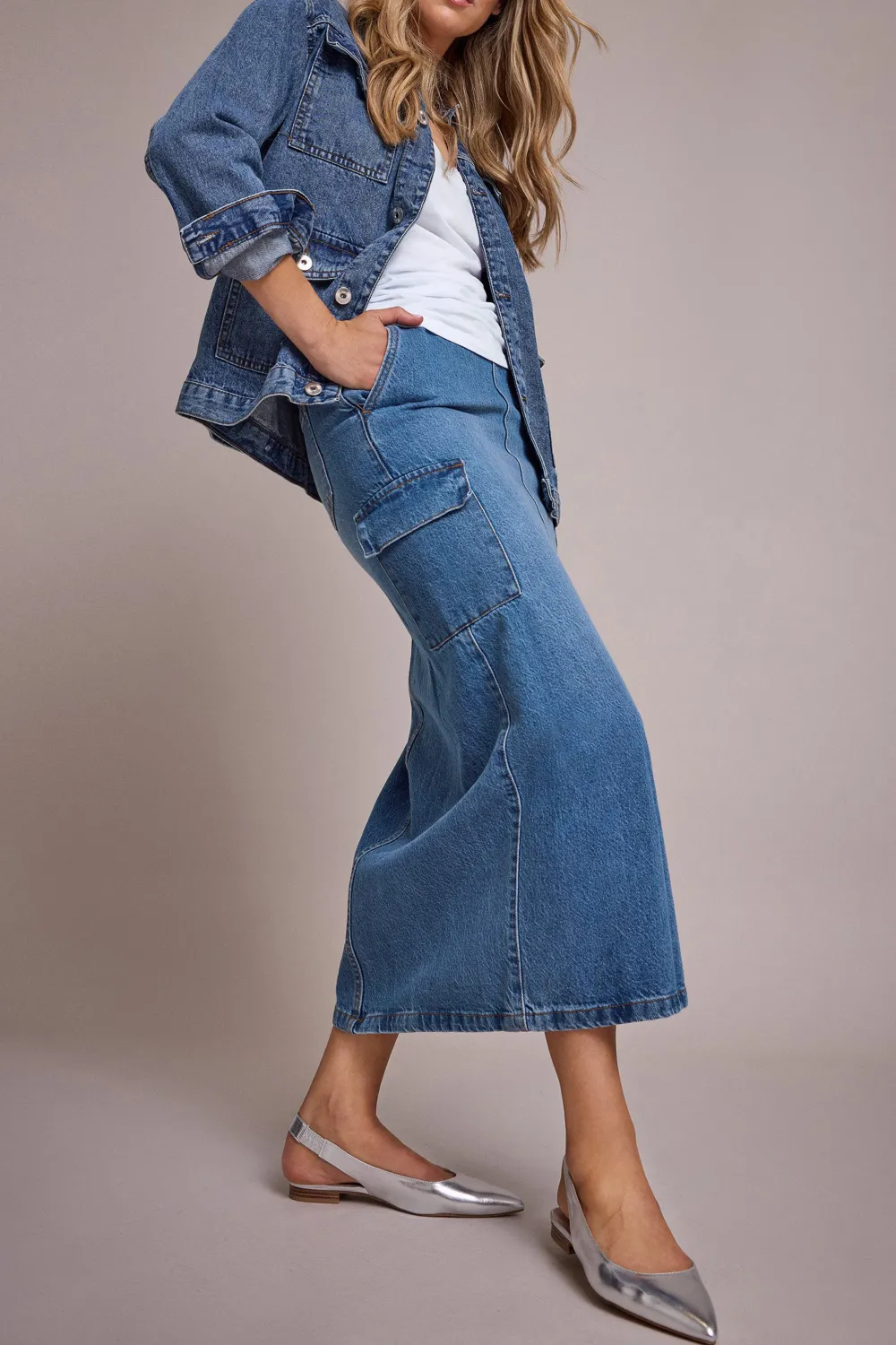 Drawstring Denim Skirt with Cargo Pockets