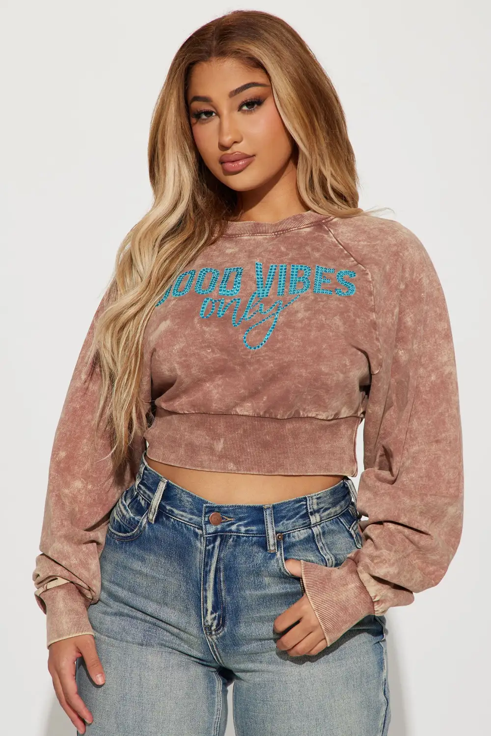 Good Vibes Only Cropped Crew Neck Sweatshirt - Brown/combo