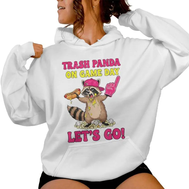 Trash Panda On Game Day Vibes Retro Baseball Raccoon Hotdog Women Hoodie
