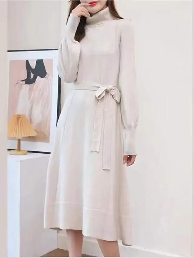 Women's Red Christmas Dress Sweater Dress Jumper Dress Midi Dress Warm Fashion Casual Plain Outdoor Christmas Daily Vacation Turtleneck Long Sleeve Lace up 2023 Regular Fit Black Wine Blue One Size