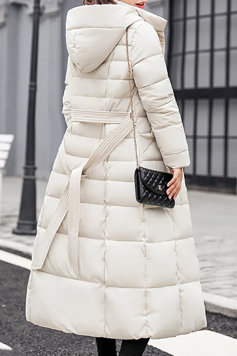 Hooded Fur Collar Belt Plain Coat