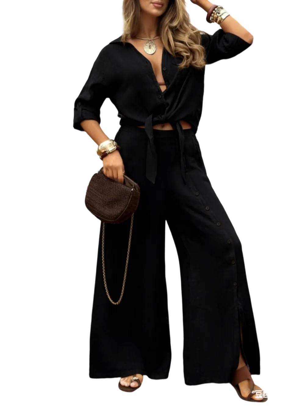 🔥 Women's Loose-Fit Long Sleeve Shirt & Wide Leg Pants Set