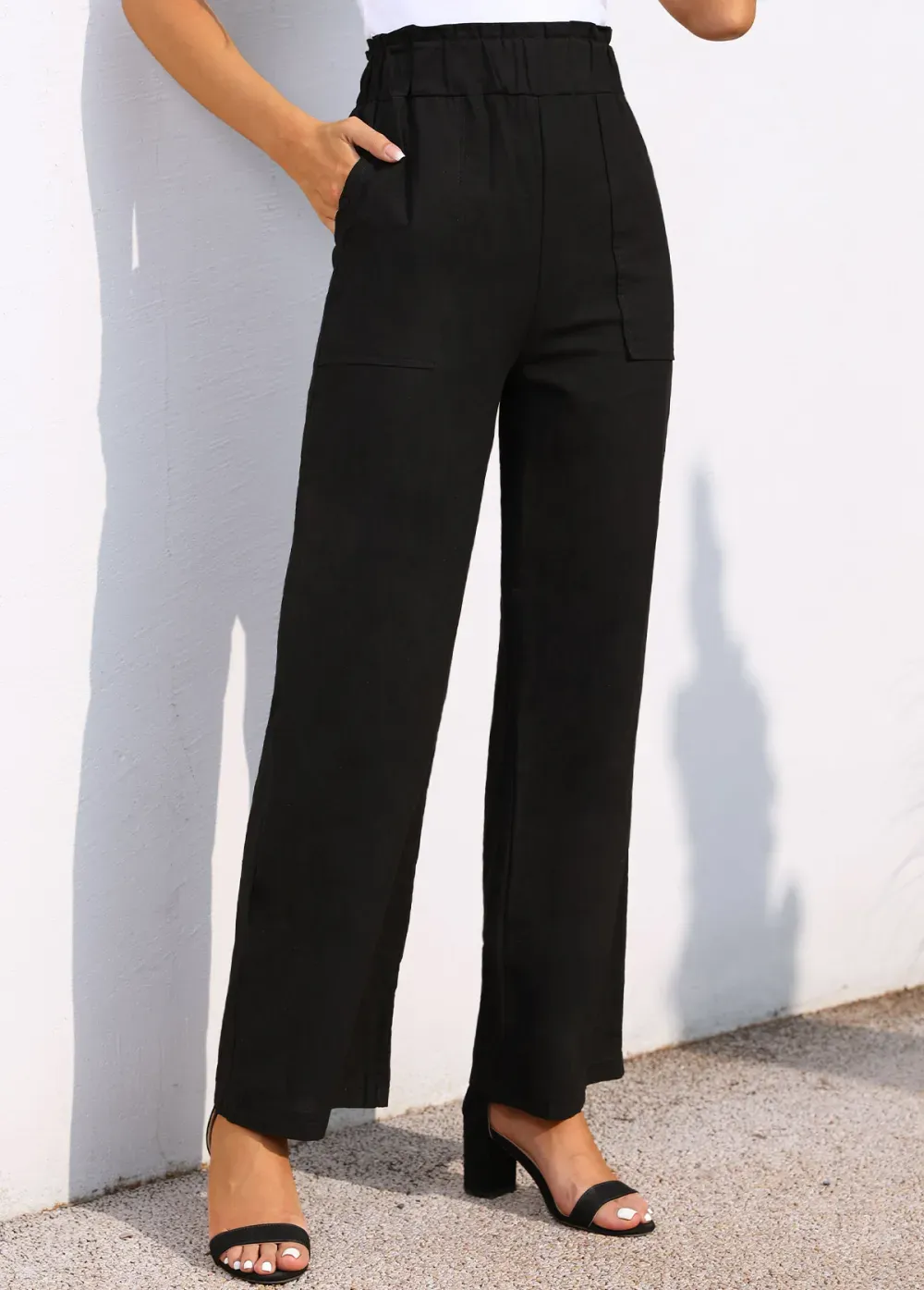 Black Pocket Wide Leg Elastic Waist Pants