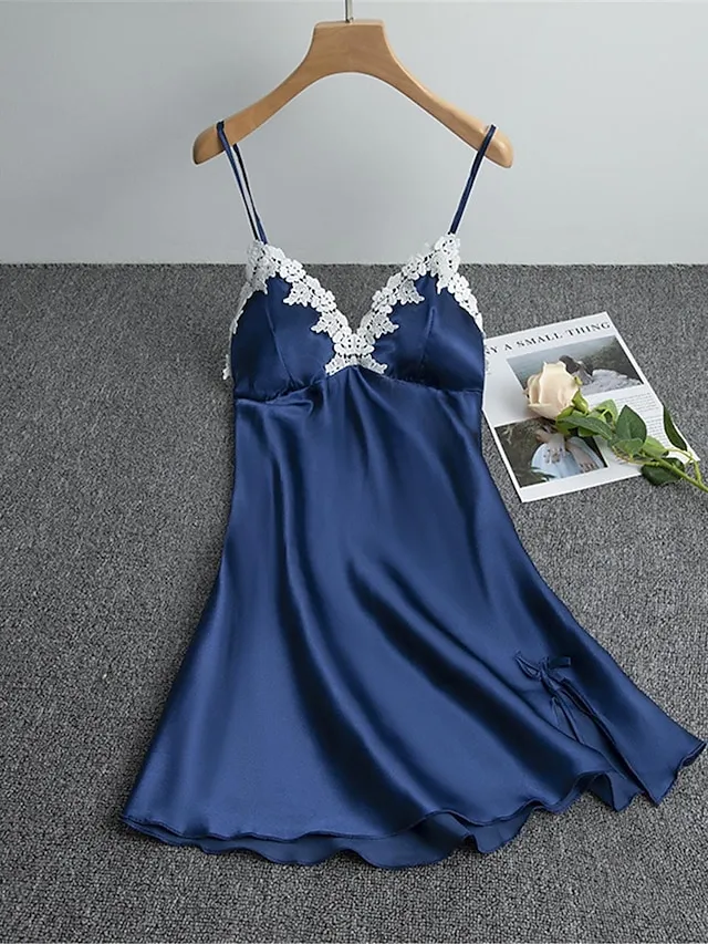 Women's Pajamas Nightgown Nightshirt Dress Dot Pure Color Simple Casual Soft Home Daily Bed Satin Breathable Straps Sleeveless Backless Chest pads Summer Spring Black White