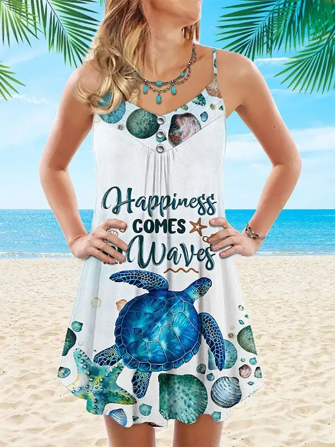 Vacation Sea Turtle Happiness Comes In Waves Print Spaghetti Strap Dress Swimsuit Coverup