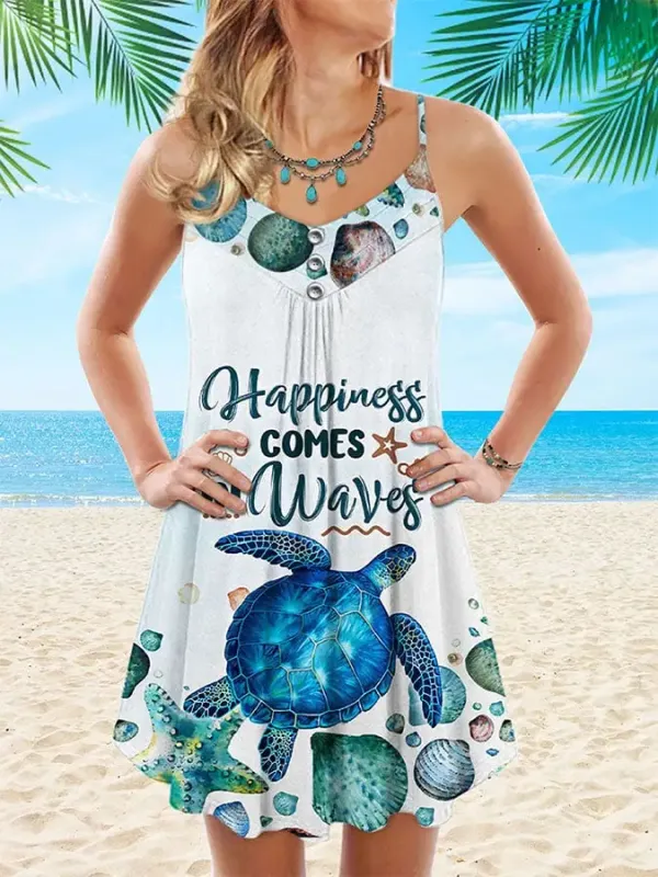 Vacation Sea Turtle Happiness Comes In Waves Print Spaghetti Strap Dress Swimsuit Coverup