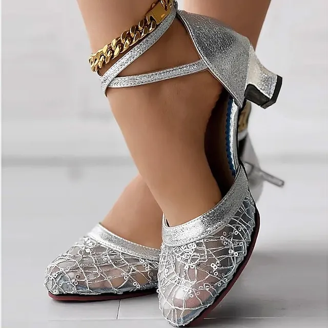 Women's Heels Wedding Shoes Sandals Sexy Shoes Stilettos Comfort Shoes Outdoor Daily Summer Sequin Low Heel Pointed Toe Fashion Elegant Sexy Mesh Cross Strap Solid Color Black 5.5cm Black 3.5cm Blue