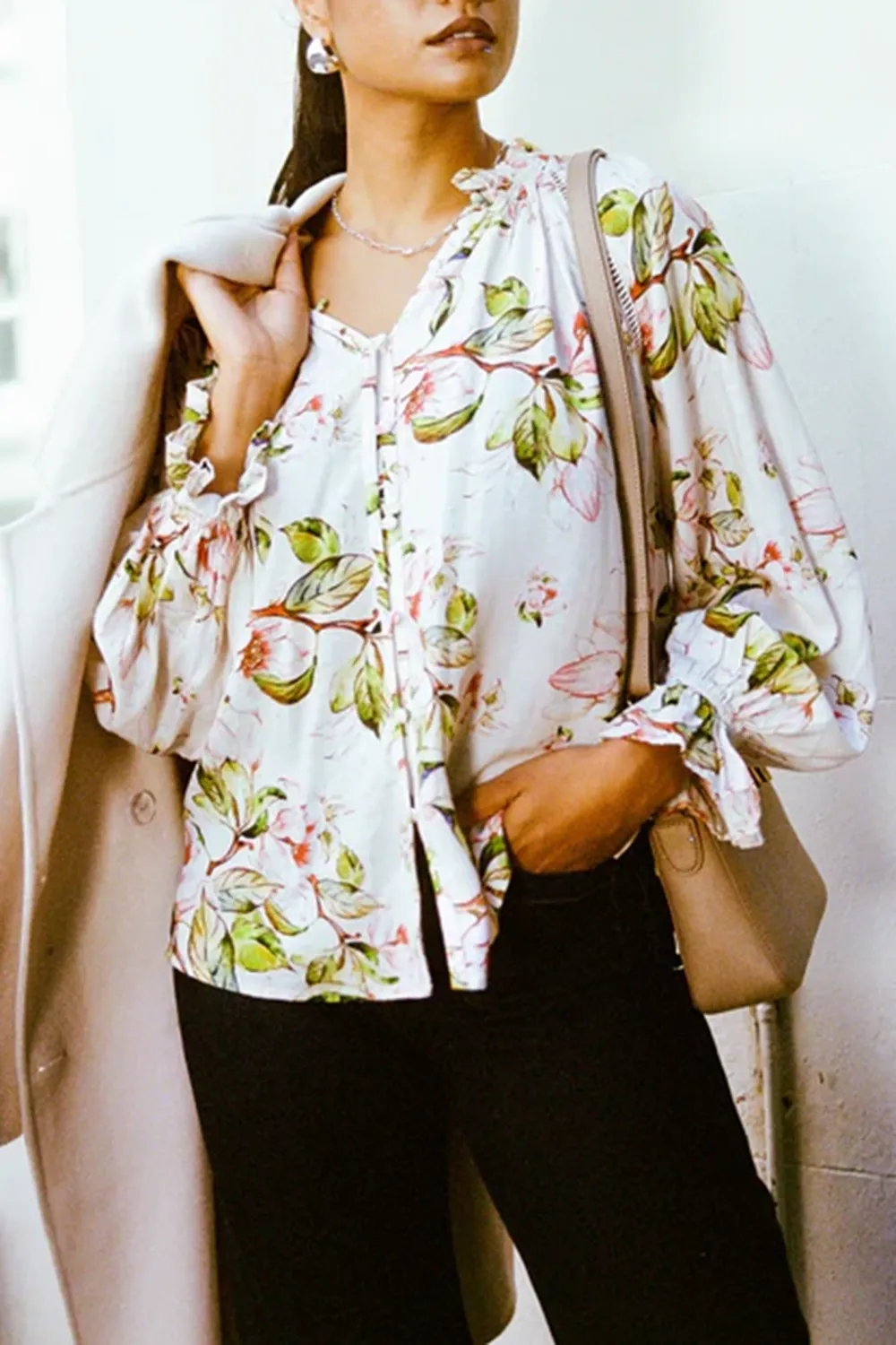 V-neck Print Lace Insert Blouse