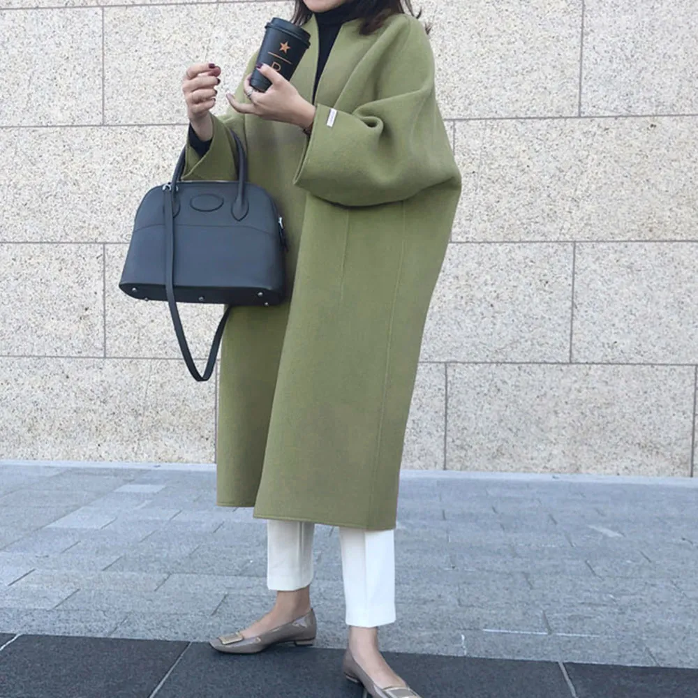 Oversized Solid Collarless Long Coat