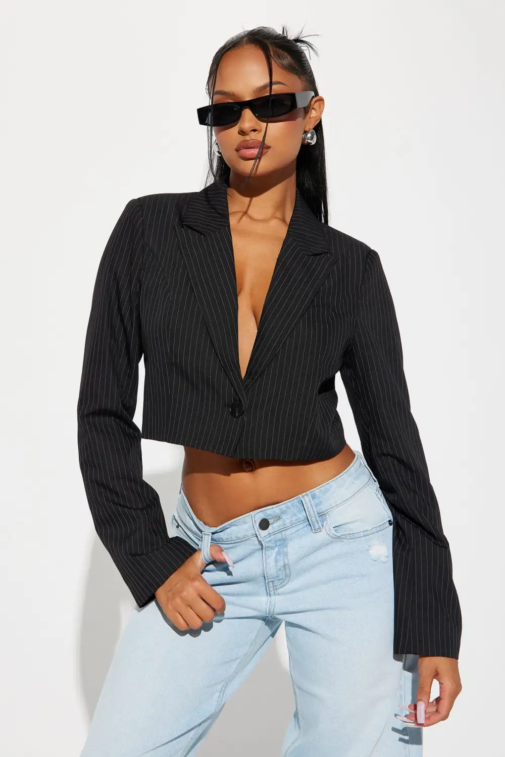 What's Your Motive Pinstripe Cropped Blazer - Black