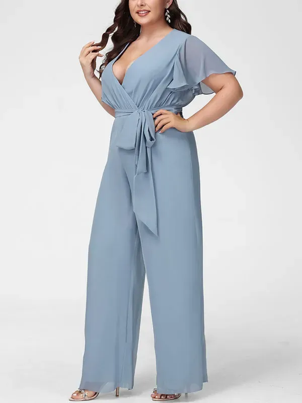 Jumpsuit/Pantsuit V-Neck Floor-Length Chiffon Bridesmaid Dress With Ruffle