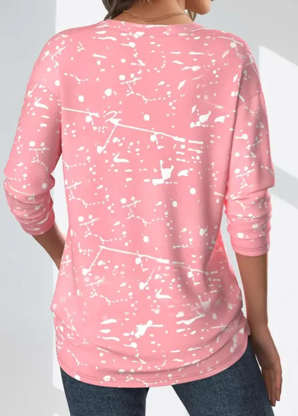 Light Pink Geometric Print Long Sleeve T Shirt