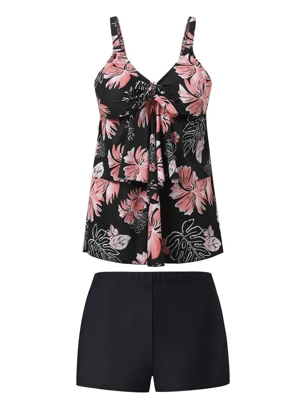 Vacation Floral Printing V Neck Tankinis Two-Piece Set