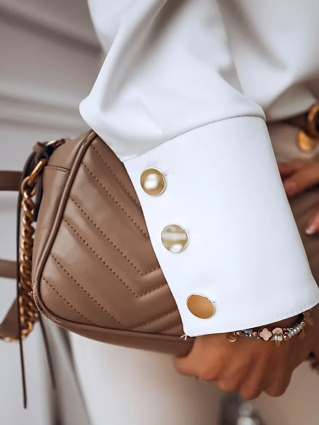 Women's Shirt Blouse Black White Button Long Sleeve Work Business Standing Collar S