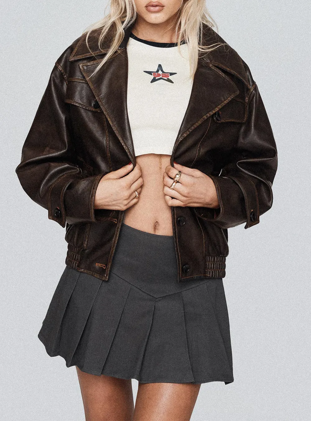 Faux Leather Jacket Vintage Washed Brown