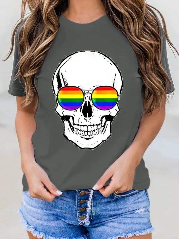 Women'S Gay Pride LGBT Skull With Rainbow Sunglasses T Shirt