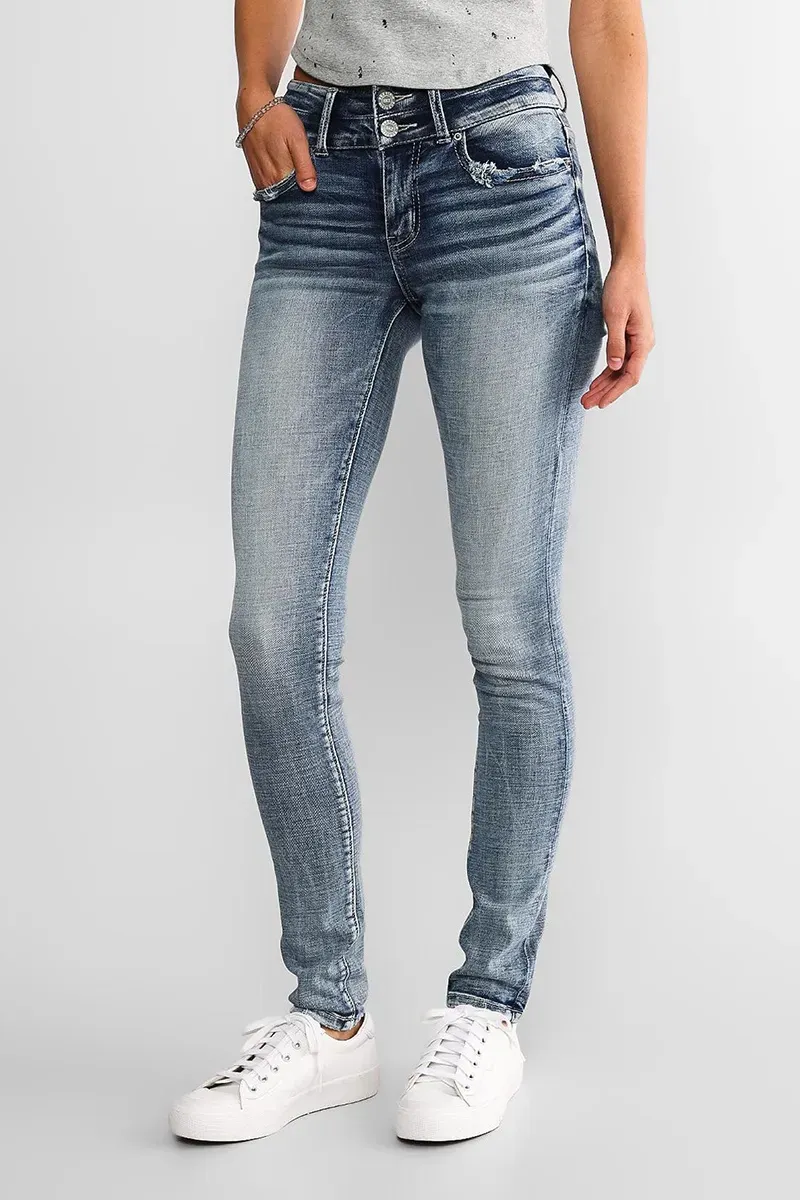 Mid Waist Double Button Skinny Jeans