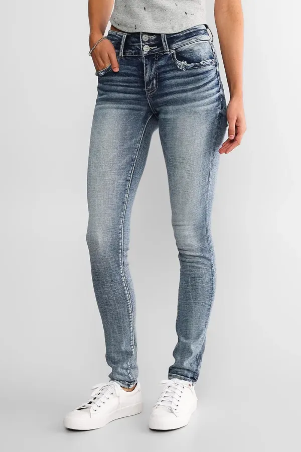 Mid Waist Double Button Skinny Jeans