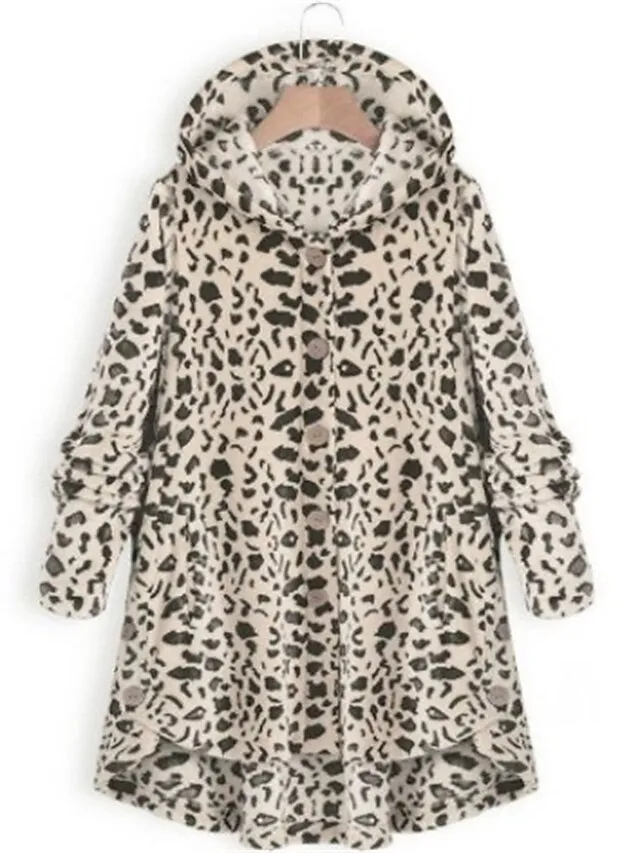 Women's Teddy Coat Fleece Sherpa Jacket with Hood Teddy Bear Jacket Windproof Warm Winter Coat Comtemporary Stylish Plush Jacket Long Sleeve Leopard Black Pink Wine