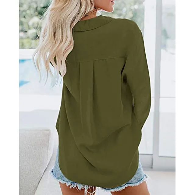 Women's Shirt Blouse Black White Wine Plain Long Sleeve Work Daily Basic Business Elegant Shirt Collar Regular Cotton Loose Fit S