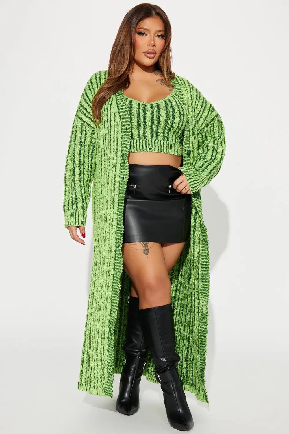Casual And Cool Washed Cardigan Set - Green/combo