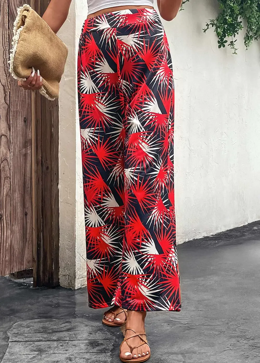Red Lightweight Leaf Print Elastic Waist Pants