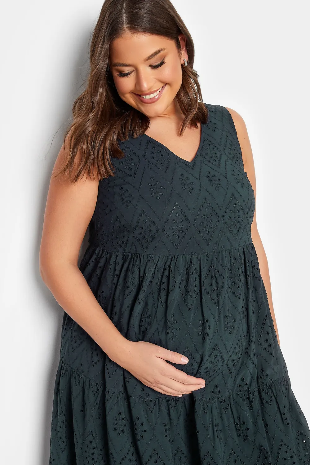 BUMP IT UP MATERNITY Curve Sage Green Broderie Anglaise Tiered Midi Dress