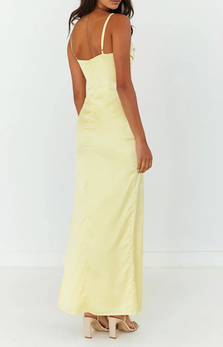 Sleeveless Yellow Satin Maxi Dress