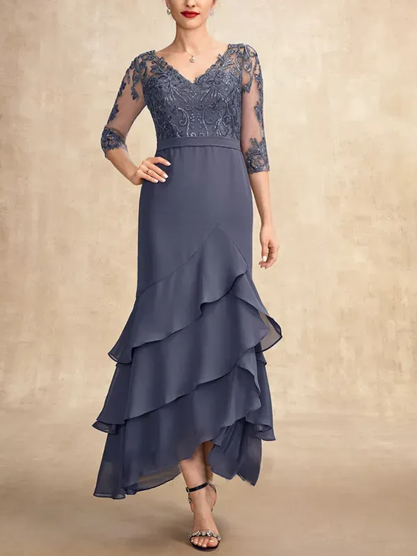 V Neck Asymmetric Chiffon Lace Maxi Dress