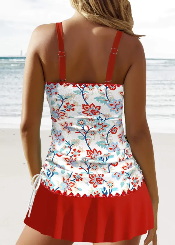 Circular Ring Floral Print Red Tankini Set