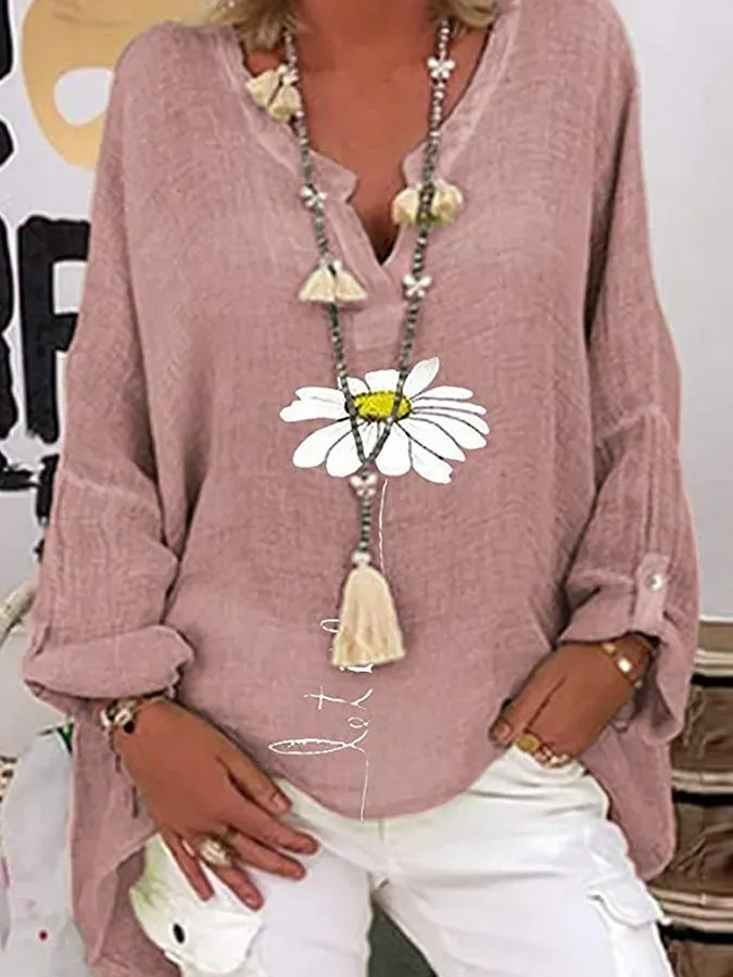 Ladies Cotton Linen V-Neck Plus Size Printed Shirt