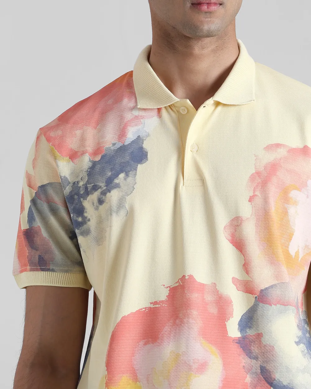 Daily Simple Light Yellow Floral Print Polo Shirt