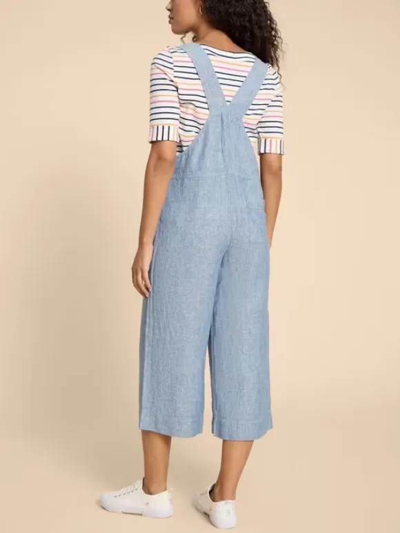 Crop Linen Dungaree In Chambray Blue