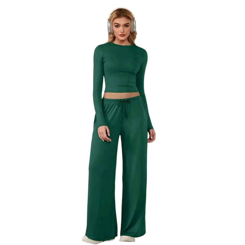Women's two-piece tracksuit set, long-sleeved crop top and wide-leg pants