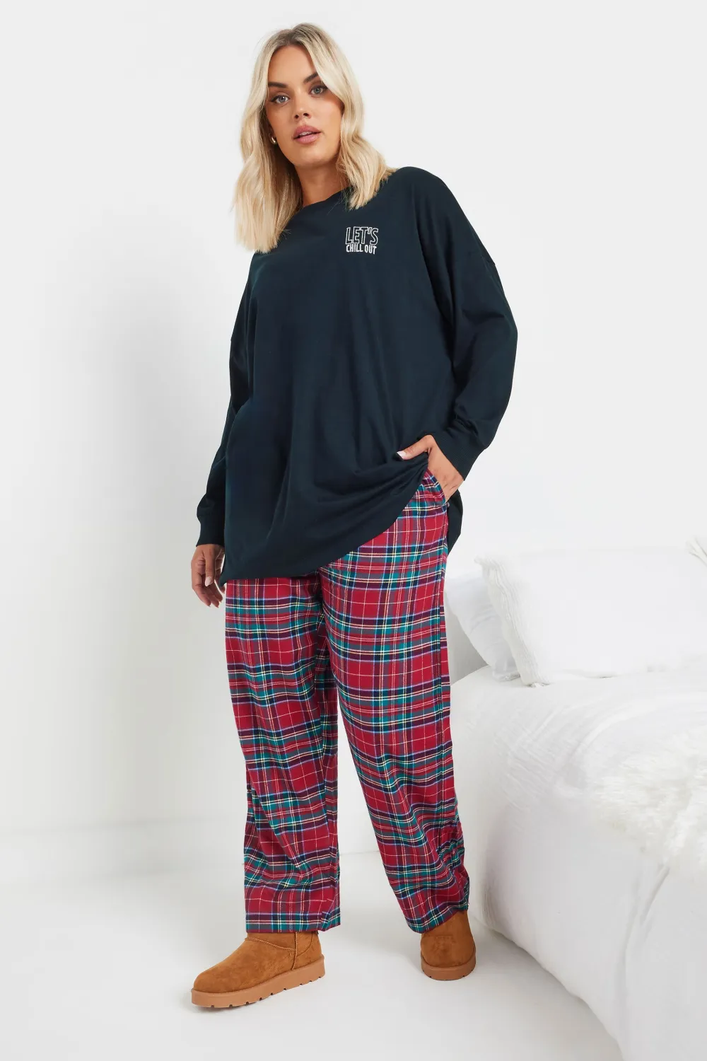 YOURS Curve Green & Pink Boyfriend Check Pyjama Bottoms