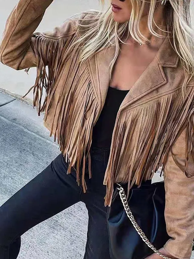 Women's Casual Jacket Going out Fall Tassel Fringe Rusty Regular Coat Regular Fit Breathable Bohemian Style Jacket Long Sleeve Solid ColorWhite Black