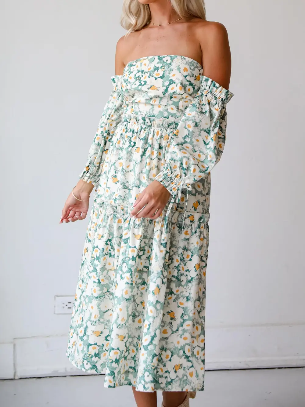 Delightful Aspect Sage Floral Off-The-Shoulder Midi Dress