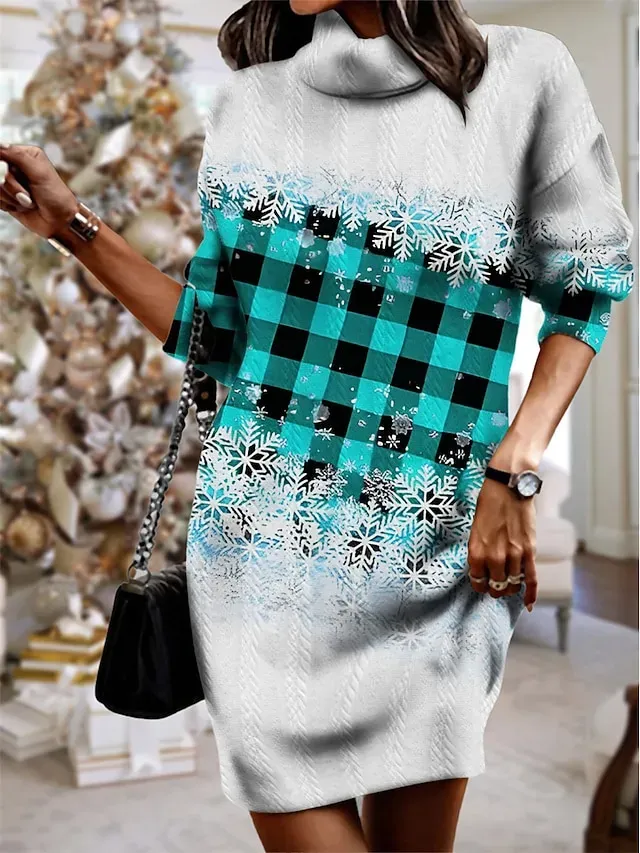 Women's Red Christmas Dress Sweater Dress Jumper Dress Mini Dress Knitwear Warm Fashion Plaid Snowflake Outdoor Christmas Casual Daily Turtleneck Long Sleeve 2023 Loose Fit Red Blue Green S M L XL
