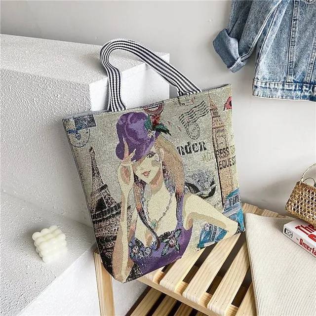 Women's Tote Shoulder Bag Canvas Tote Bag Oxford Cloth Shopping Daily Zipper Print Large Capacity Lightweight Durable Cat Flower Folk Butterfly Unicorn Black cat